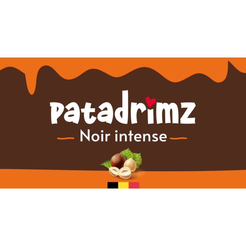 Face avant étiquette Patadrimz Noir intense, pâte à tartiner bio noisette chocolat noir